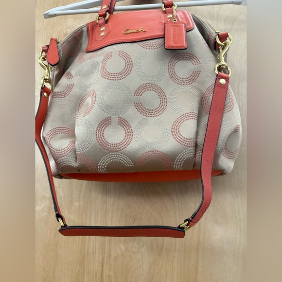 Coach Ashley Peach Khaki Dotted Op Art Signature Satchel. - Picture 2 of 16